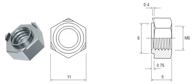 Гайка приварная шестигранная М6 DIN 929 Сталь. Шаг резьбы 1,0. Класс прочности 6