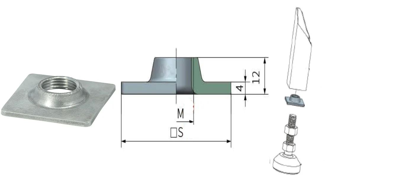 JS-FG-S50-M20-C1 Шайба-вставка квадрат S =  50 мм М20 Сталь нержавеющая SUS304 для квадратных опор