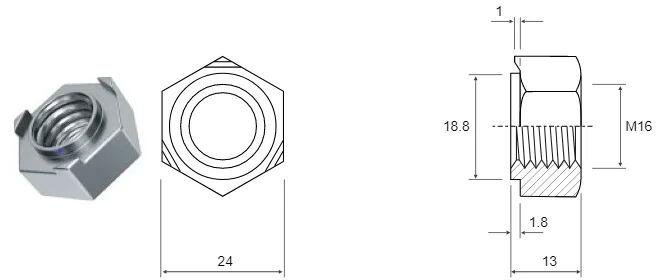Гайка приварная шестигранная М16 DIN 929 Сталь. Шаг резьбы 2,0. Класс прочности 6