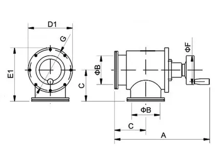 Клапан вакуумный угловой  GD-J80B ISO-K80 Ручной уплотнение - Сильфонное материал - Нержавеющая сталь 304SS