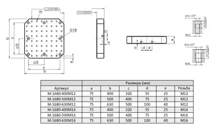 M-1680-630M16 Плита базовая горизонтальная с отверстиями, шаг растра 50±0,02 мм