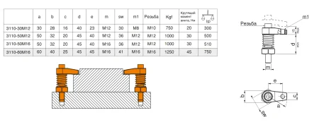 M-3110-30M12 Прижим поворотный Г-образный с шестигранной основой
