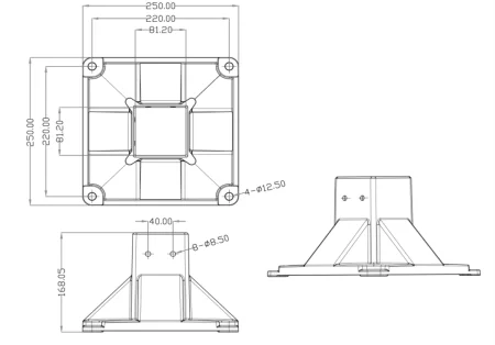 Опора фундаментная особо усиленная для алюминиевых профилей, серия 8080, основание 250х250 мм, ALF-FS-A8080