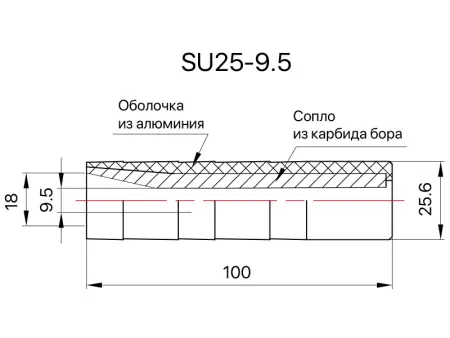 Сопло пескоструйное - вставка в рукав Вентури SandBlue SU25-9.5, карбид бора, 9,5х100