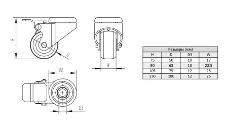 Колесо поворотное D75 мм, отверстие D12 мм, с тормозом, ALF-WB-D75